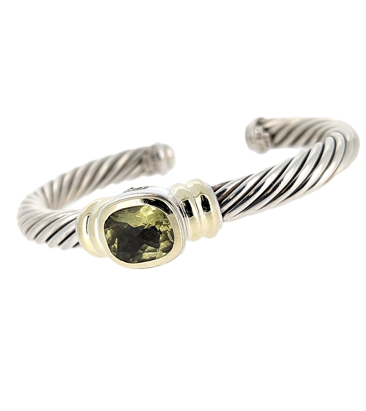 David Yurman Sterling Silver & 14K Yellow Gold PRASIOLITE Cable Cuff Bracelet
