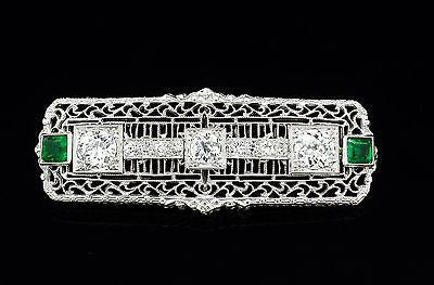 Vintage Brooch Diamond Emerald Platinum & 14K White Gold