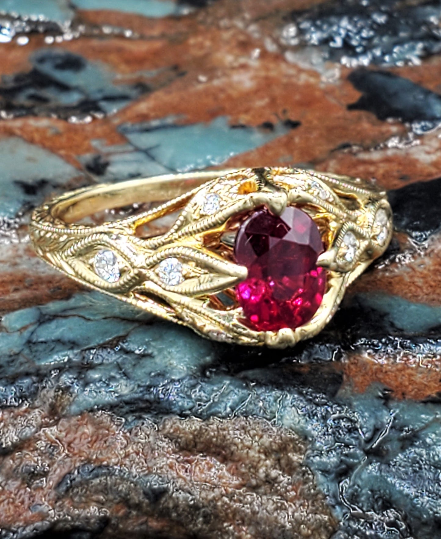 No Heat Natural 1 Carat Oval Ruby Engagement Ring 18K Yellow Gold