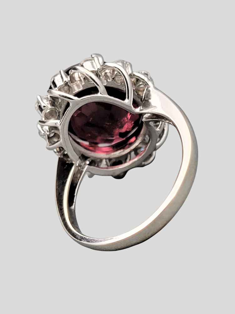 Oval Red Tourmaline Diamond Ring 18K White Gold
