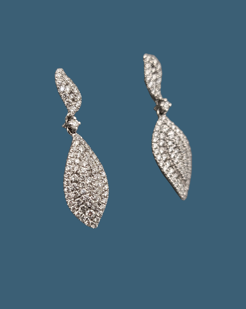 Diamond Dangle Leaf Earrings 14K White Gold