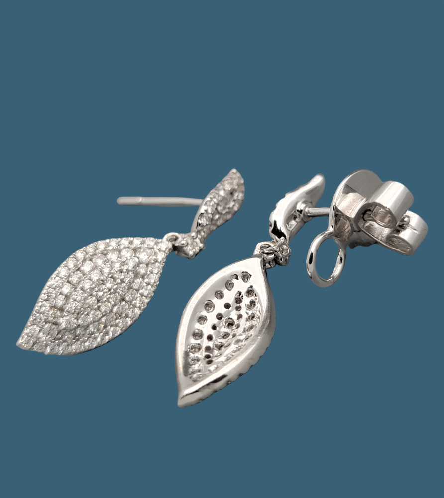 Diamond Dangle Leaf Earrings 14K White Gold