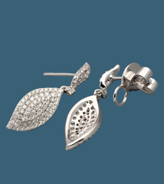 Diamond Dangle Leaf Earrings 14K White Gold
