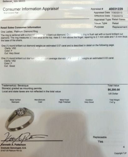 Round Diamond Engagement Ring Platinum 0.57 Carat