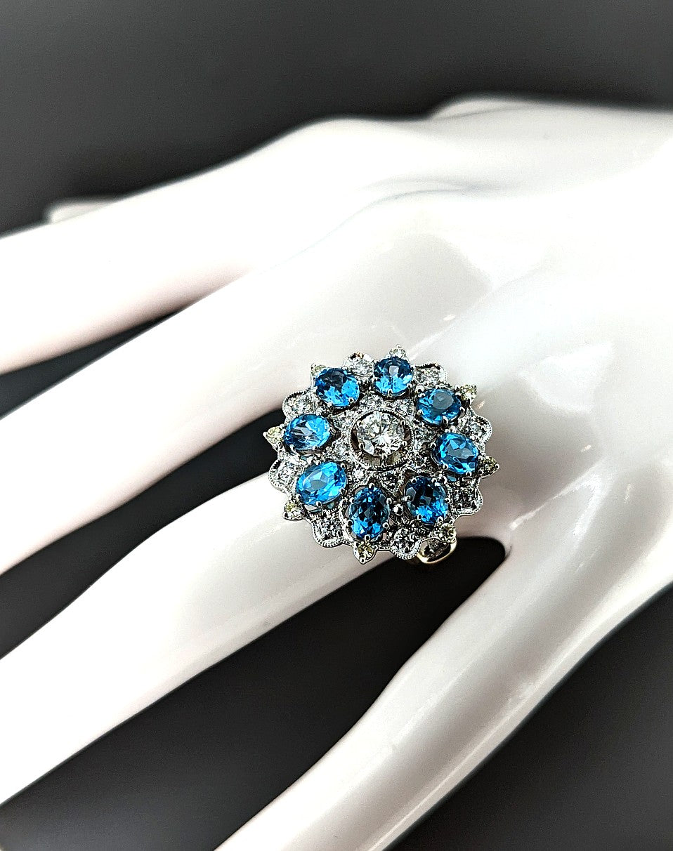 Blue Topaz Diamond Cocktail Ring in 18K White Gold
