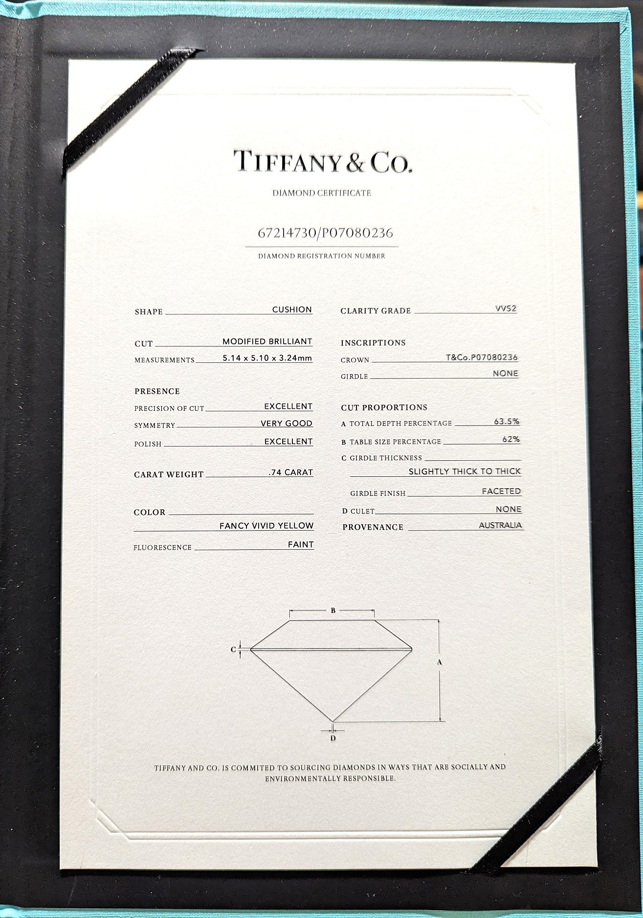 Tiffany & Co.  0.74 Fancy Vivid Yellow Cushion Cut Diamond Ring