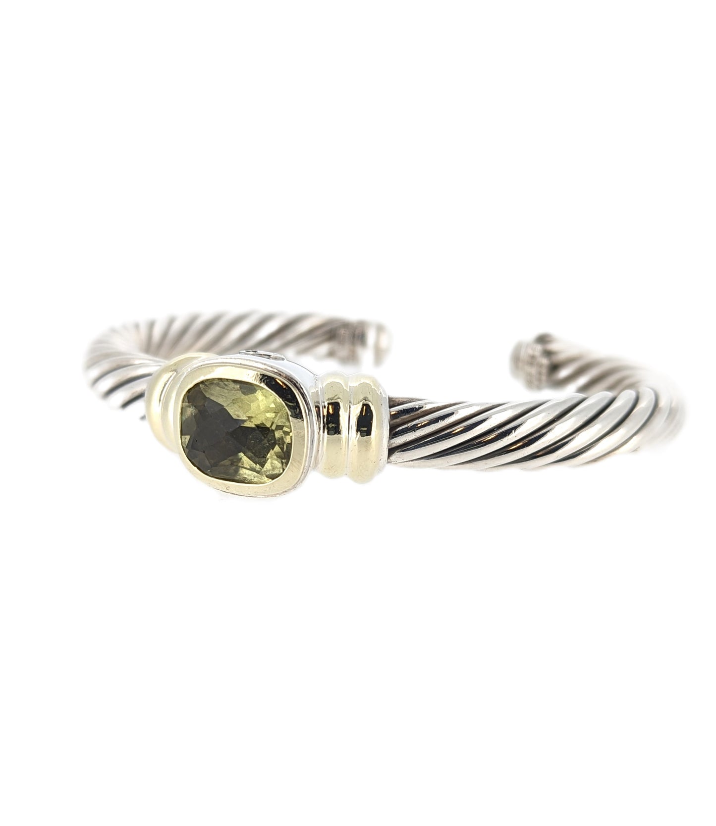 David Yurman Sterling Silver & 14K Yellow Gold Peridot Cable Cuff Bracelet