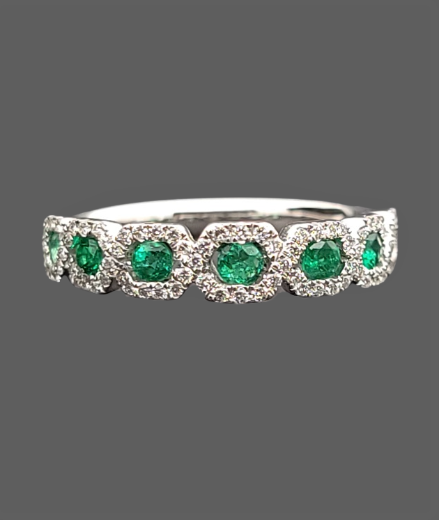 14K White Gold Natural Emerald Diamond Band Ring