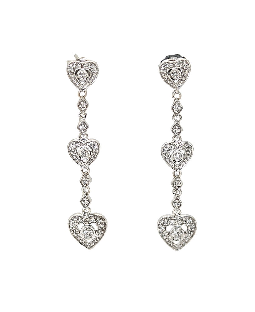 14K White Gold Diamond Heart Dangle Earrings