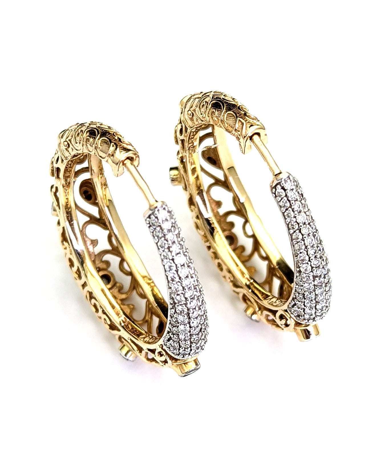 Large Open Design Filigree Diamond Hoop Earrings 14K Yellow Gold