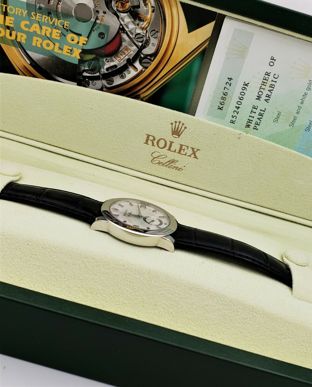 ROLEX Cellini Cellinium Men's Platinum Watch 5240 MOP Dial Black Leather Band
