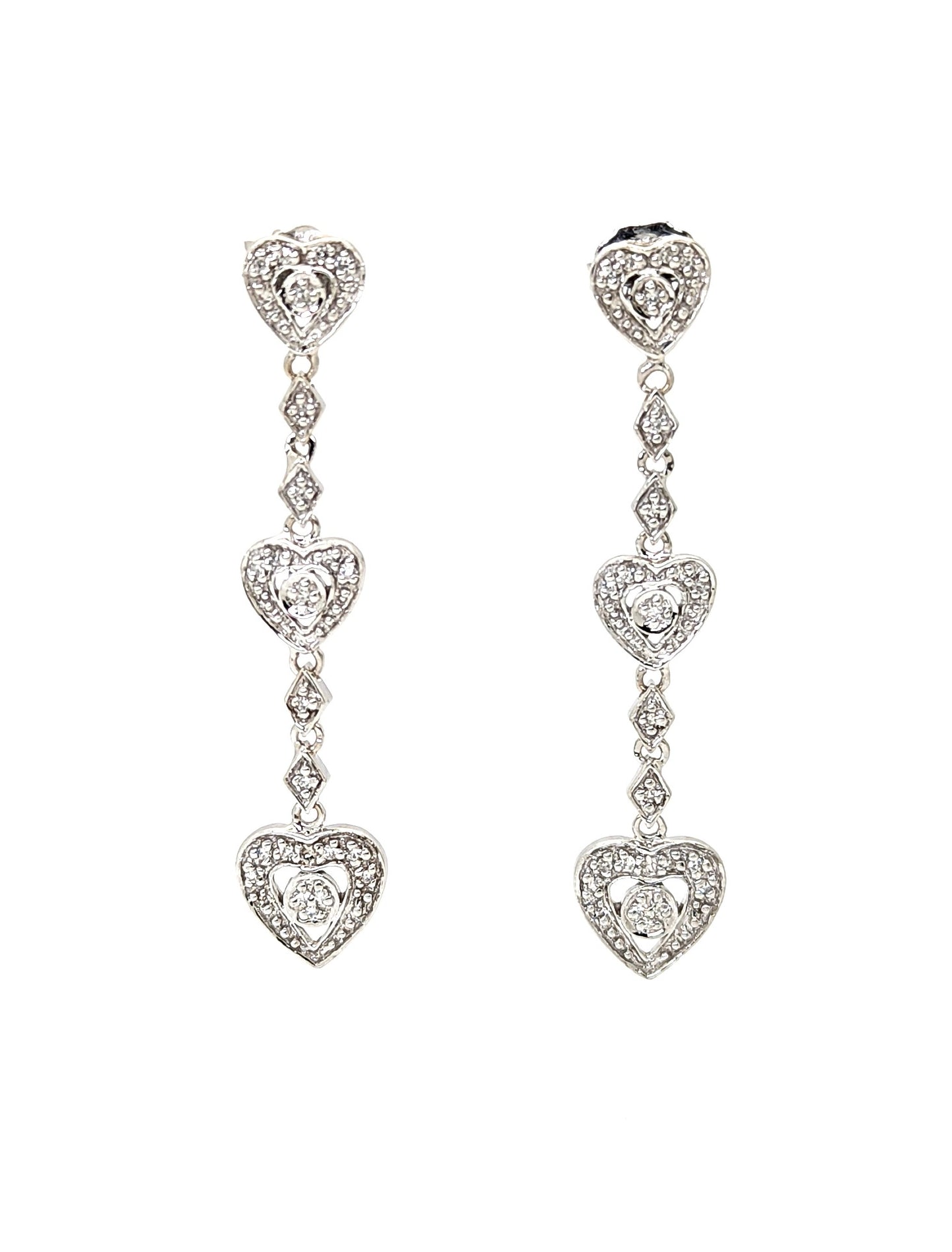 14K White Gold Diamond Heart Dangle Earrings