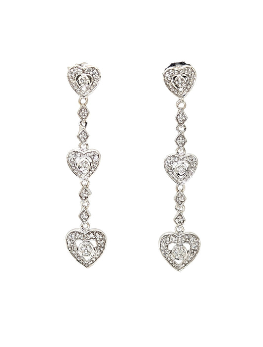 14K White Gold Diamond Heart Dangle Earrings