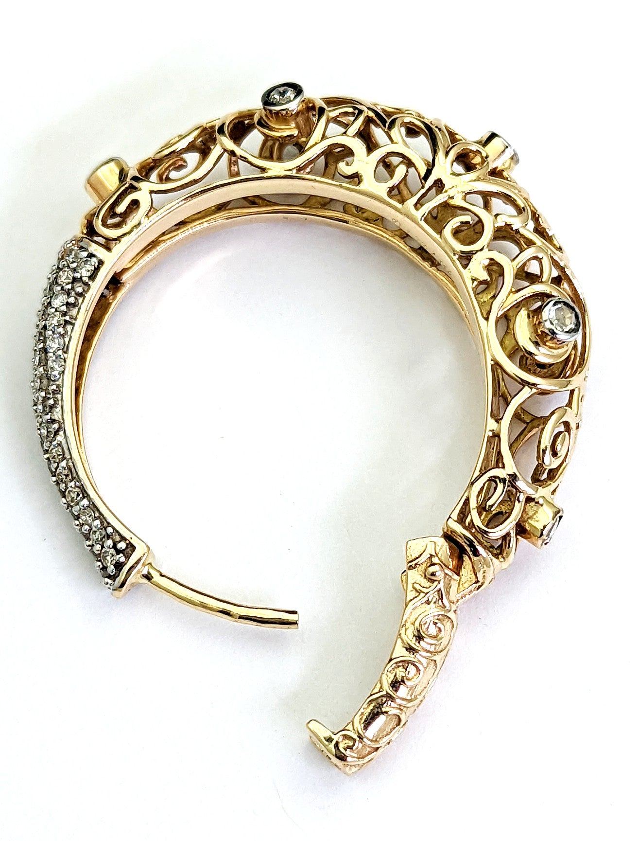 Large Open Design Filigree Diamond Hoop Earrings 14K Yellow Gold