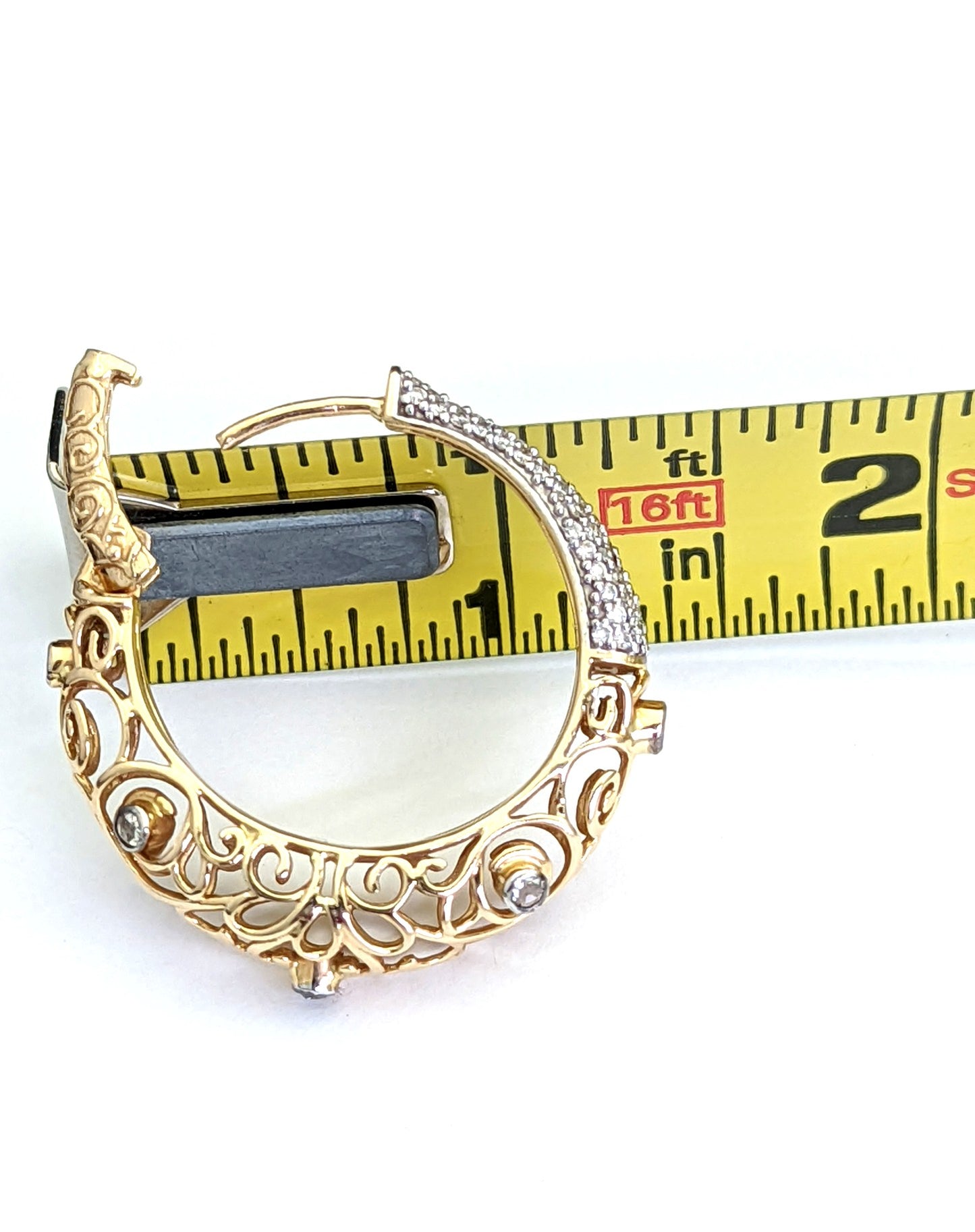 Large Open Design Filigree Diamond Hoop Earrings 14K Yellow Gold