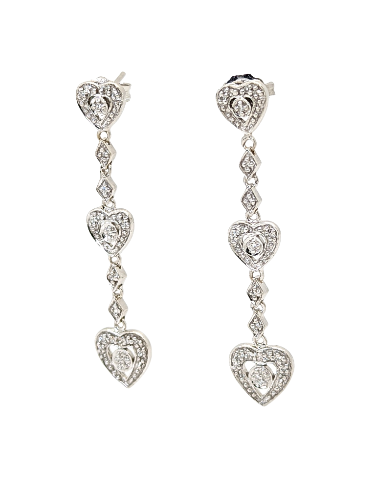 14K White Gold Diamond Heart Dangle Earrings