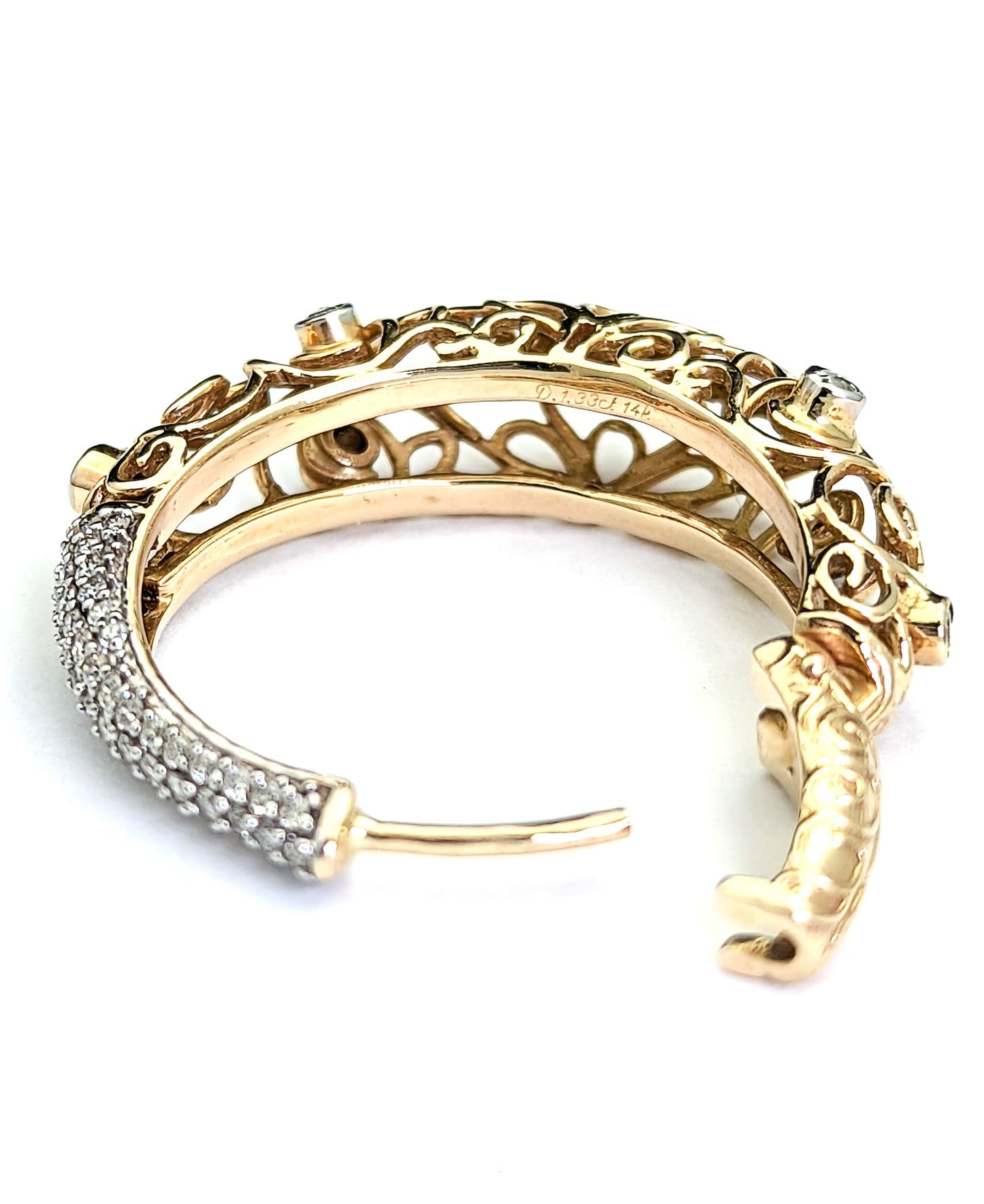 Large Open Design Filigree Diamond Hoop Earrings 14K Yellow Gold
