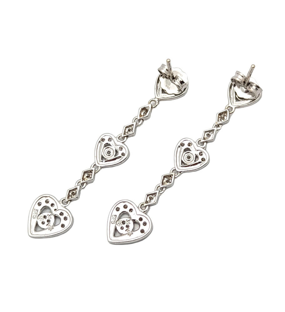 14K White Gold Diamond Heart Dangle Earrings