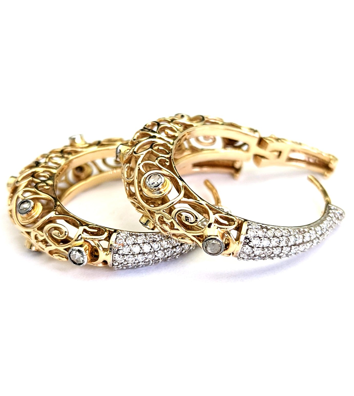 Large Open Design Filigree Diamond Hoop Earrings 14K Yellow Gold
