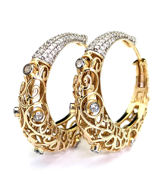 Large Open Design Filigree Diamond Hoop Earrings 14K Yellow Gold