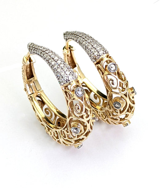 Large Open Design Filigree Diamond Hoop Earrings 14K Yellow Gold