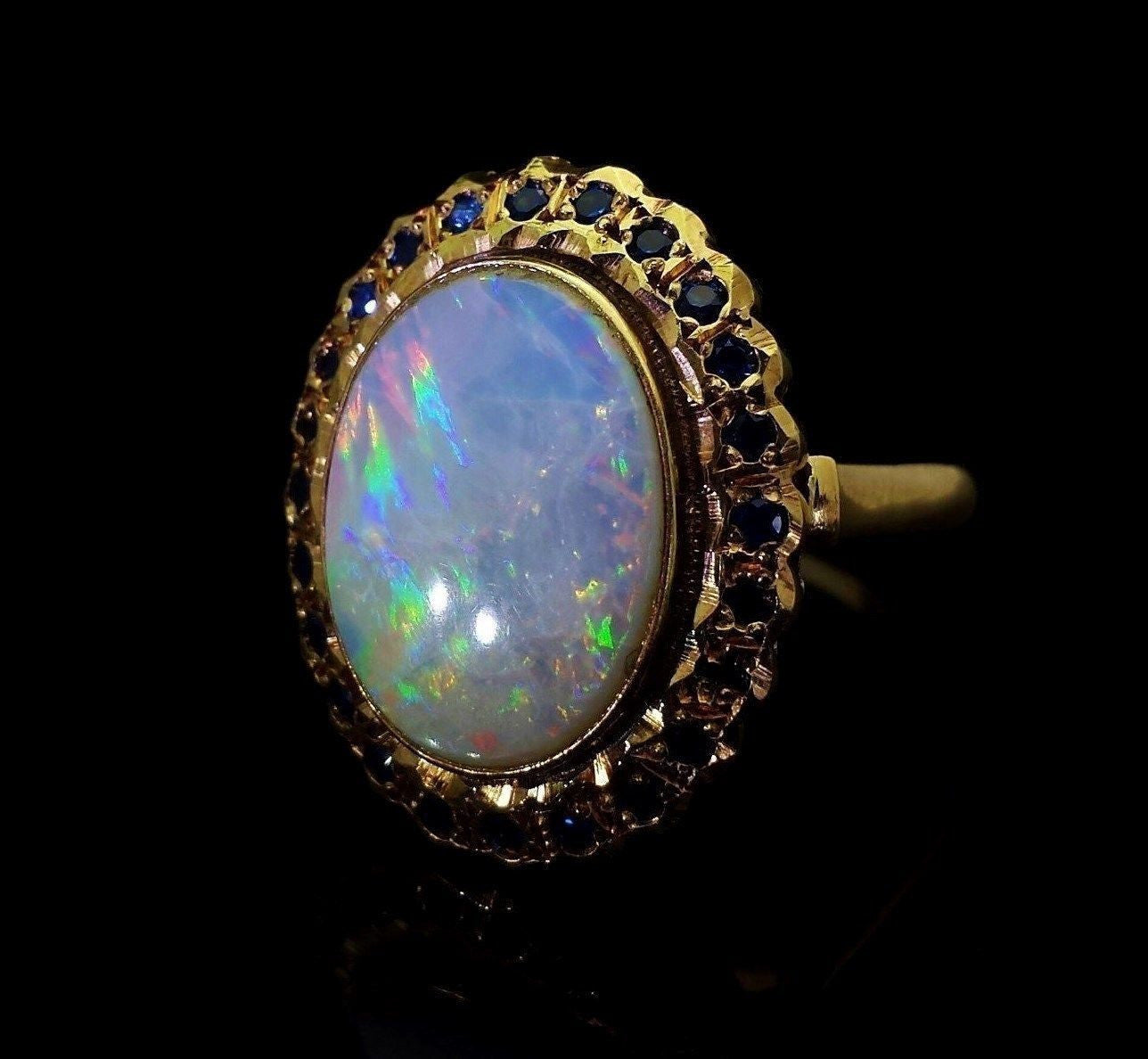 Large Vintage Oval Cabochon Opal Ring Solid 14K Yellow Gold