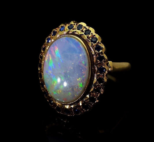 Large Vintage Oval Cabochon Opal Ring Solid 14K Yellow Gold