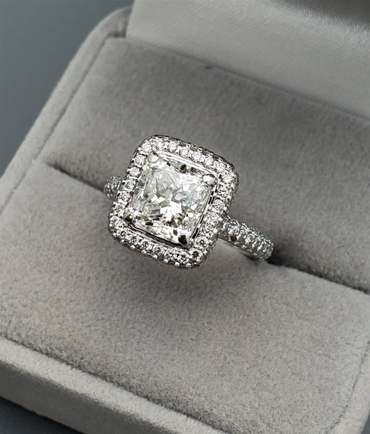2.30 Carat Cushion Cut Diamond Halo Engagement Ring 14K White Gold