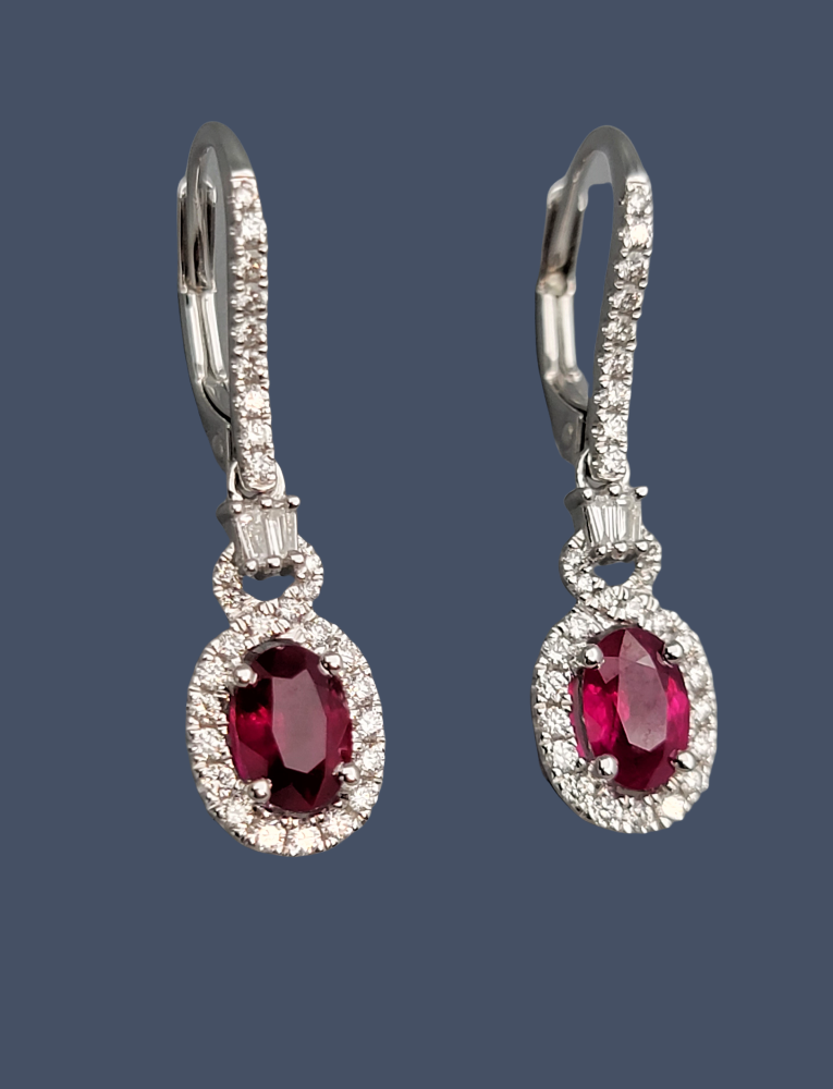 Ruby Diamond Dangle Earrings 14K White Gold