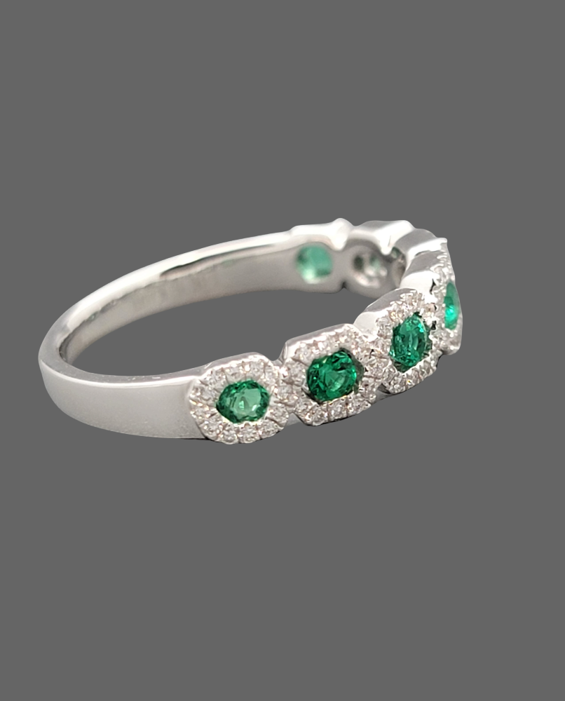 14K White Gold Natural Emerald Diamond Band Ring