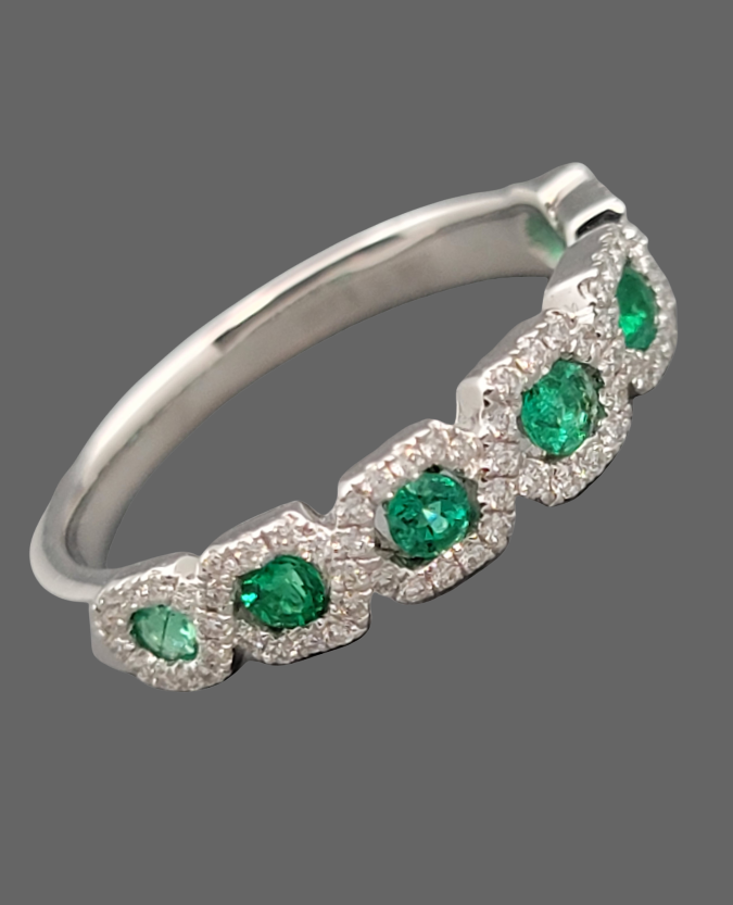 14K White Gold Natural Emerald Diamond Band Ring