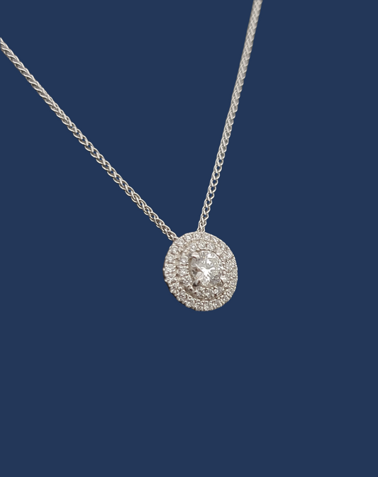 Round Natural Diamond Pendant Necklace with Halo 18K White Gold