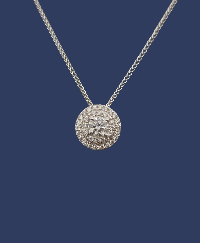 Round Natural Diamond Pendant Necklace with Halo 18K White Gold