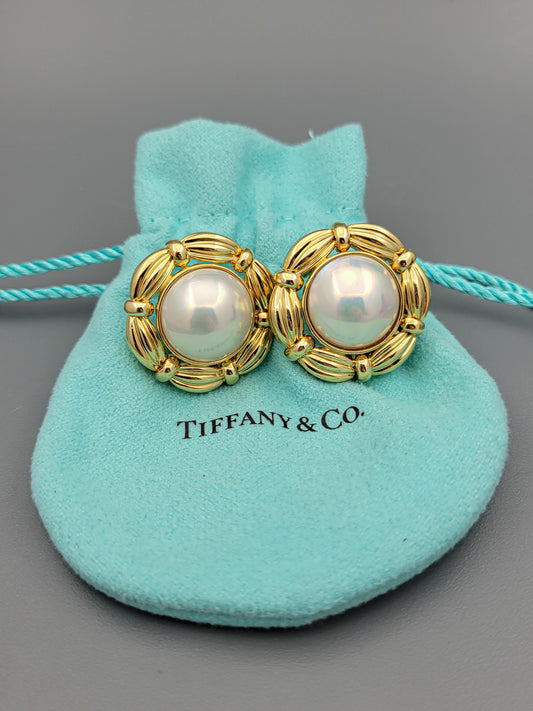 Vintage Tiffany & Co. Mabe Pearl Large Earrings 18K Solid Yellow Gold