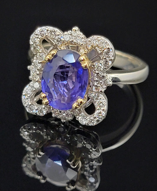 2.31 Carat Purple Blue Sapphire Diamond Ring 14K White Gold