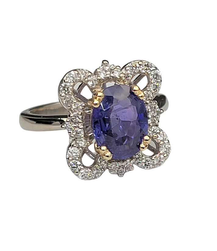 2.31 Carat Purple Blue Sapphire Diamond Ring 14K White Gold