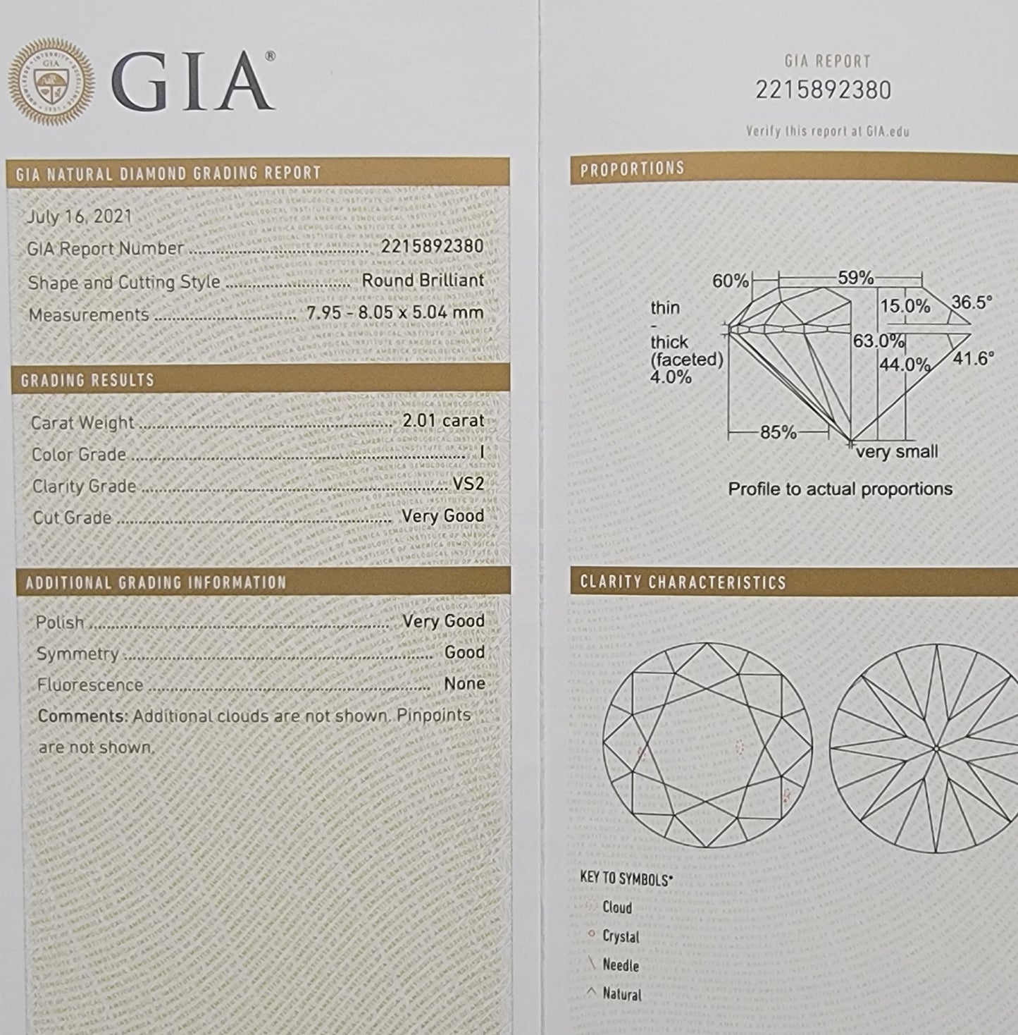 2 Carat Natural Round Diamond I/VS2 GIA
