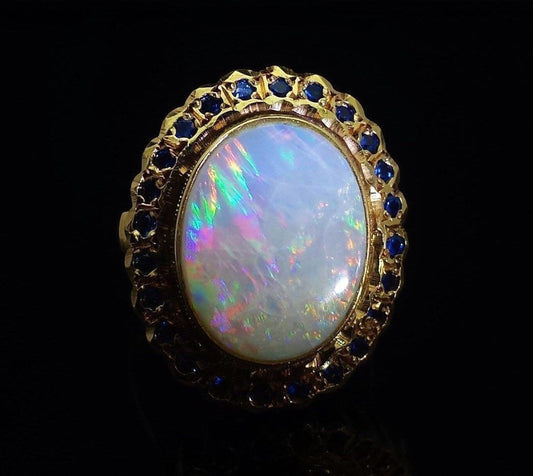 Large Vintage Oval Cabochon Opal Ring Solid 14K Yellow Gold