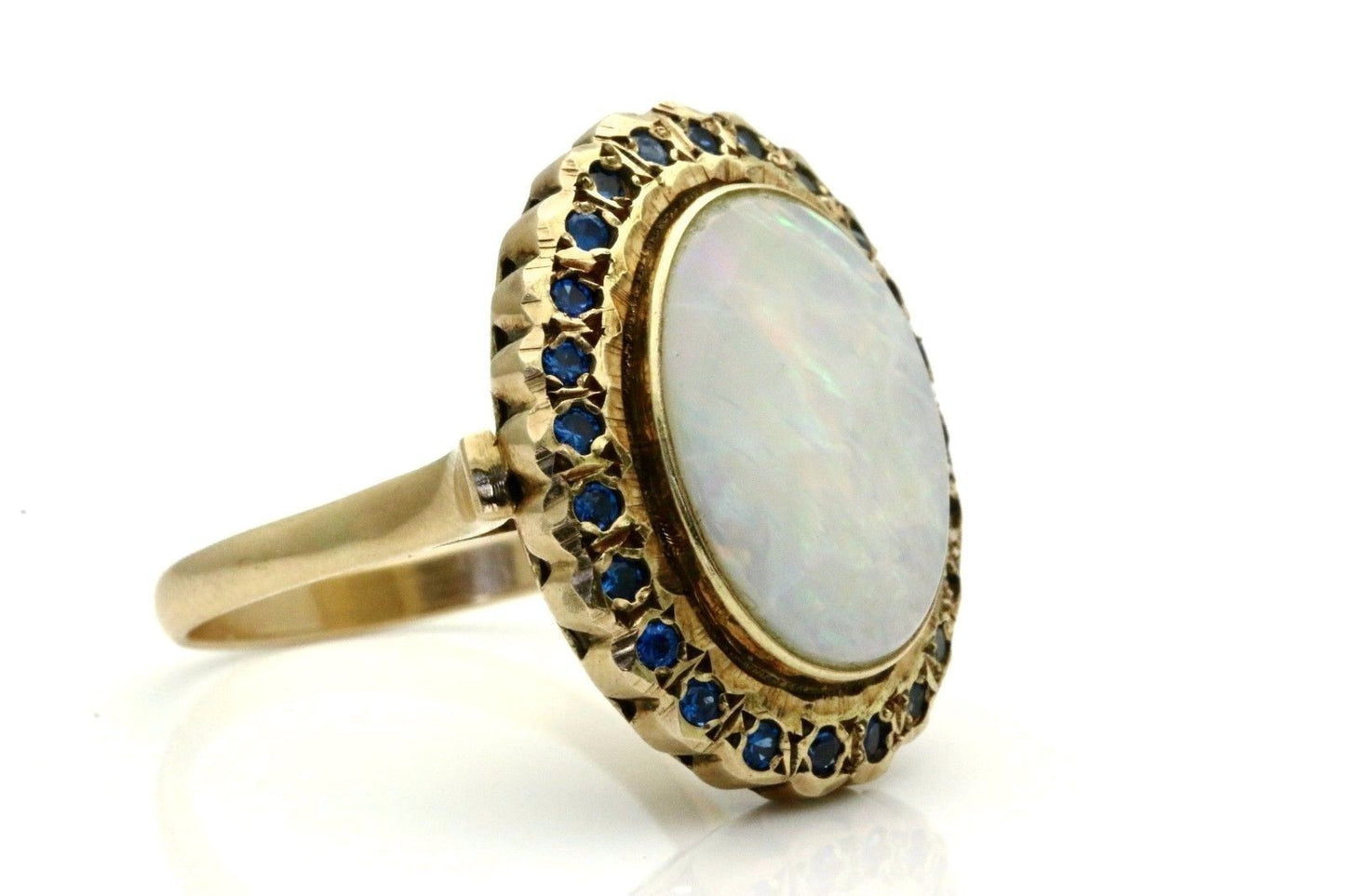 Large Vintage Oval Cabochon Opal Ring Solid 14K Yellow Gold
