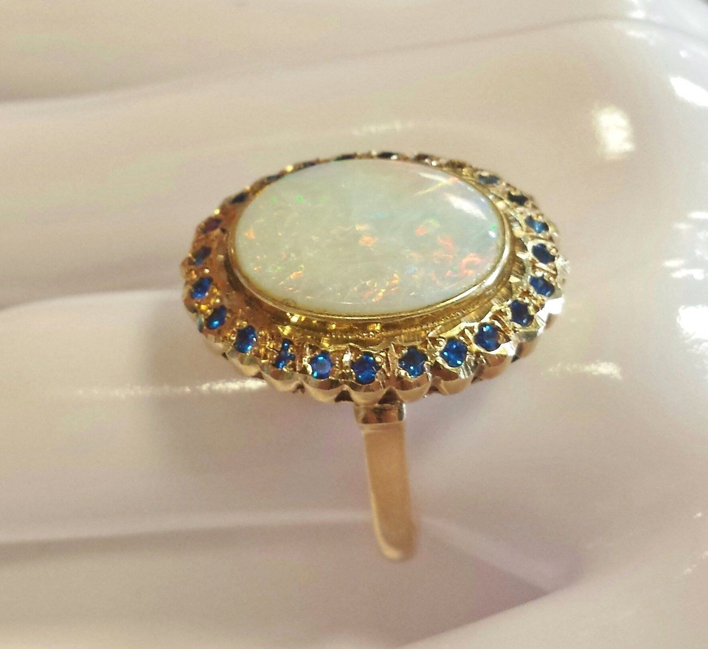 Large Vintage Oval Cabochon Opal Ring Solid 14K Yellow Gold