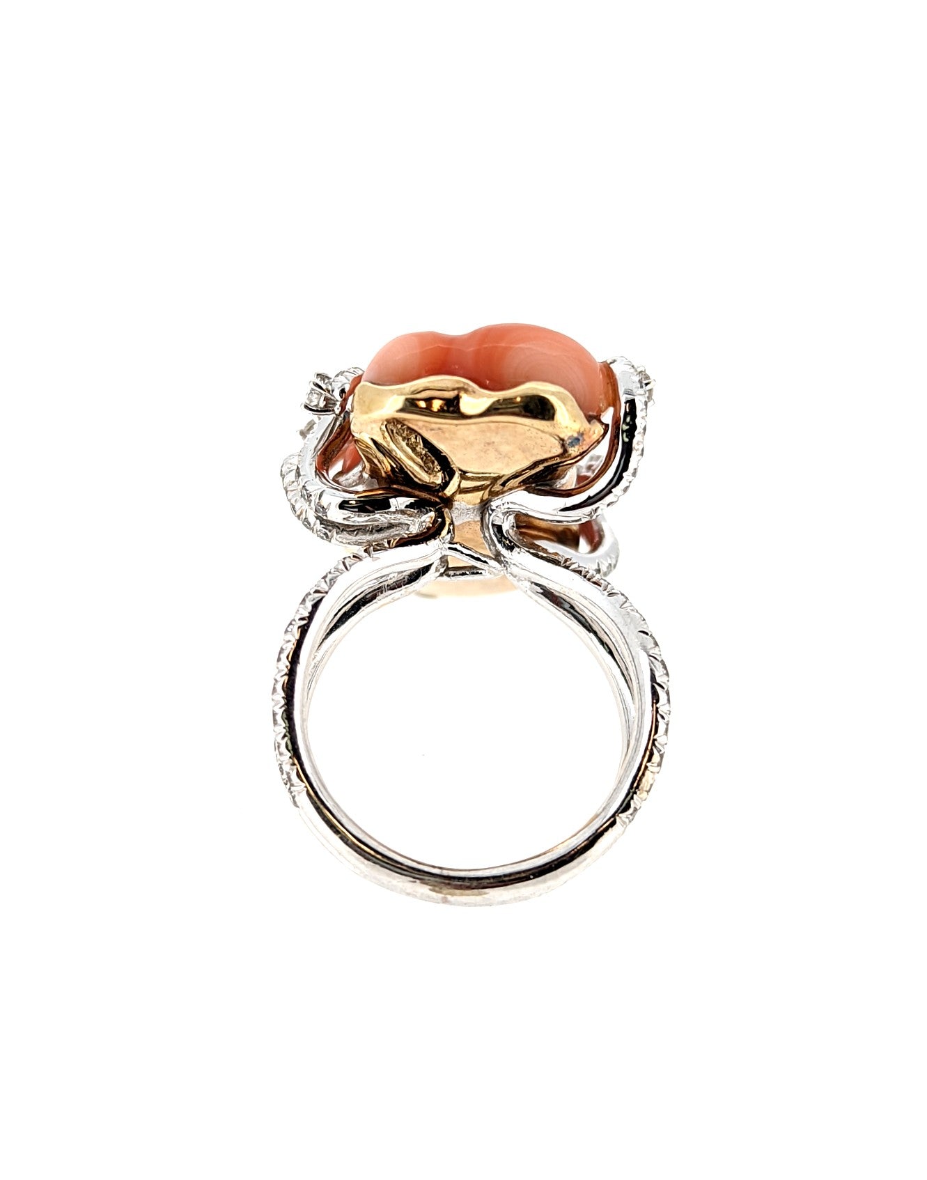 18K White Gold Natural Coral Ring with Diamond Accents