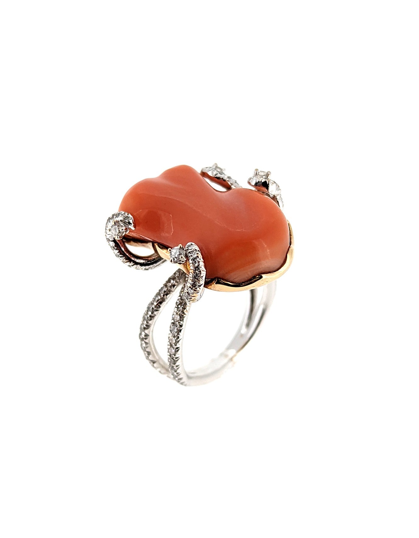 18K White Gold Natural Coral Ring with Diamond Accents