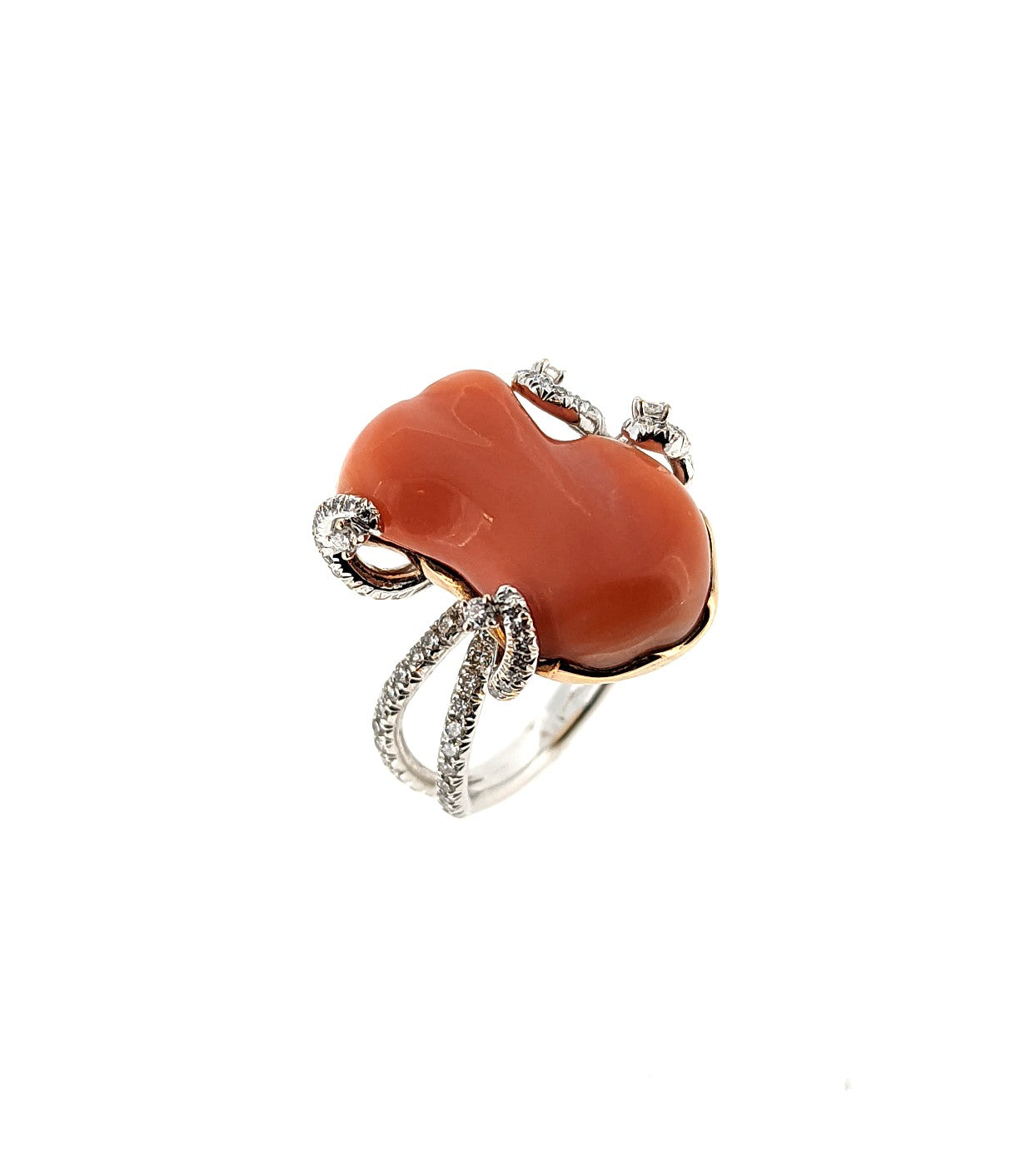 18K White Gold Natural Coral Ring with Diamond Accents