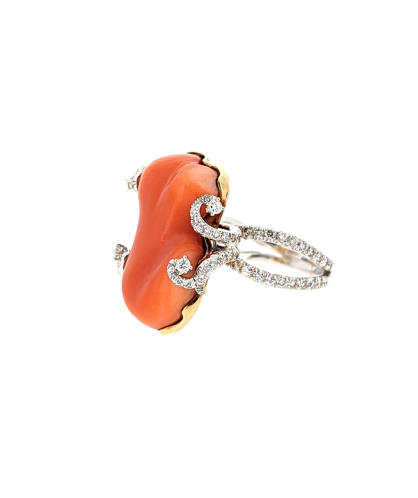 18K White Gold Natural Coral Ring with Diamond Accents