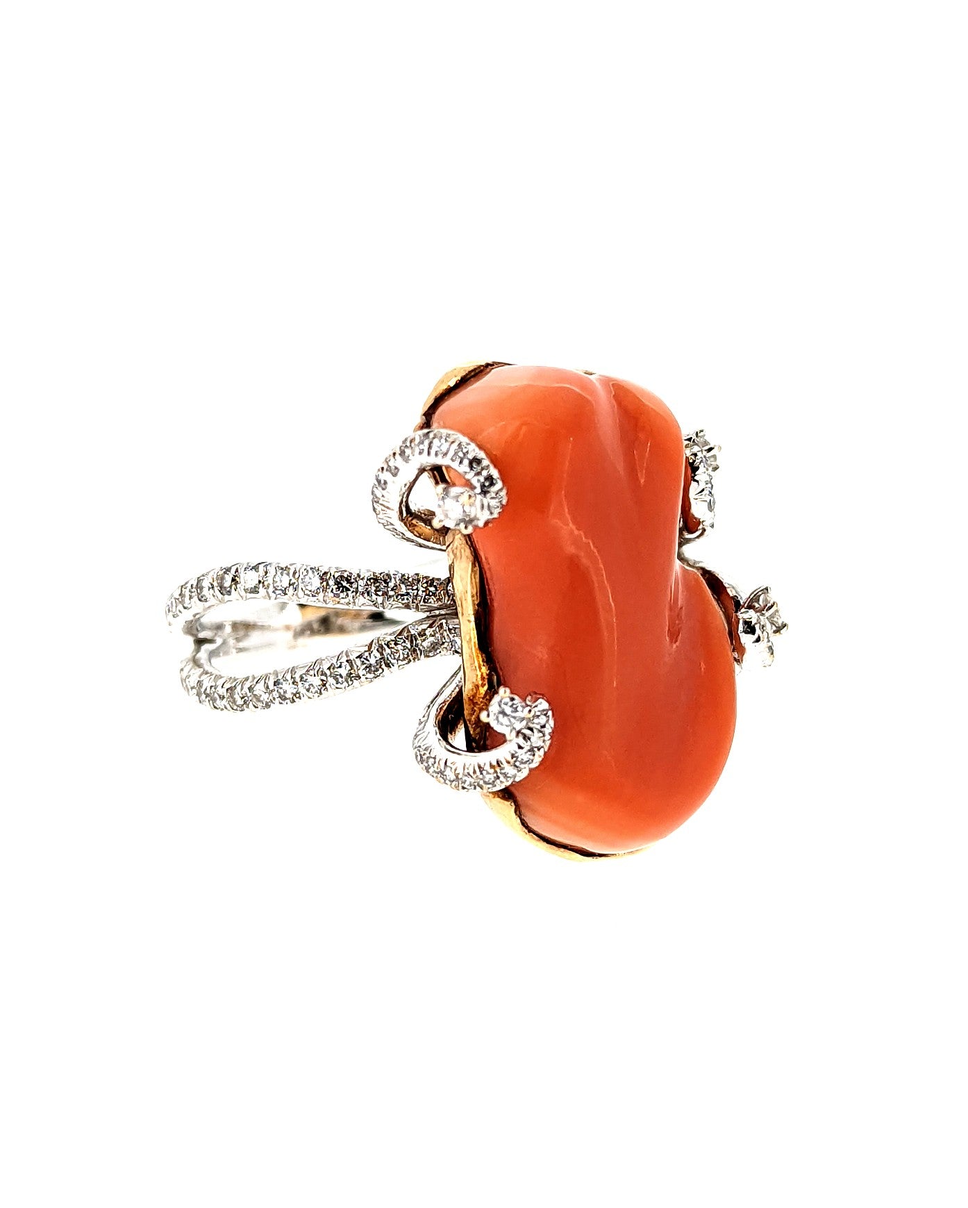 18K White Gold Natural Coral Ring with Diamond Accents