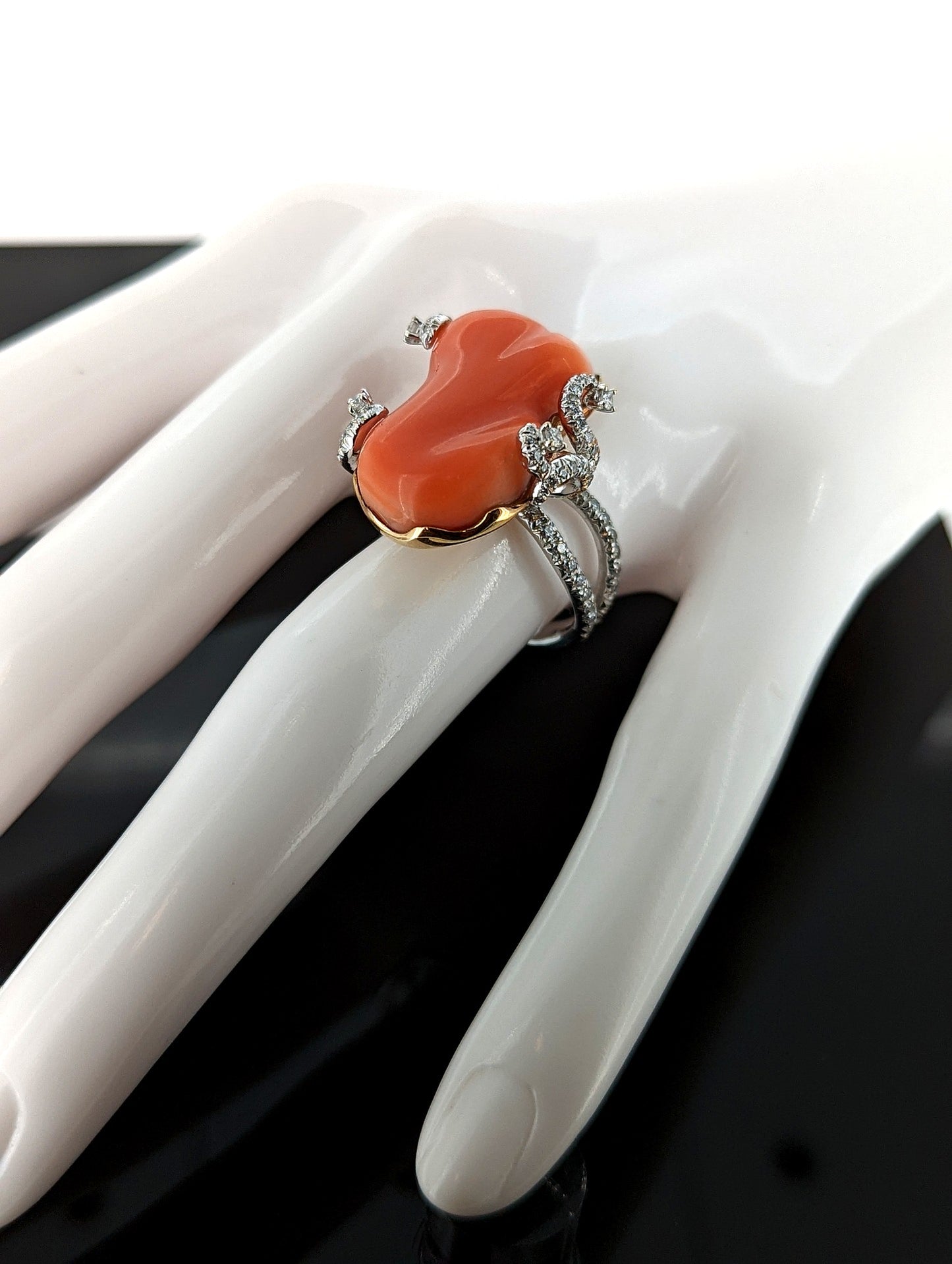 18K White Gold Natural Coral Ring with Diamond Accents