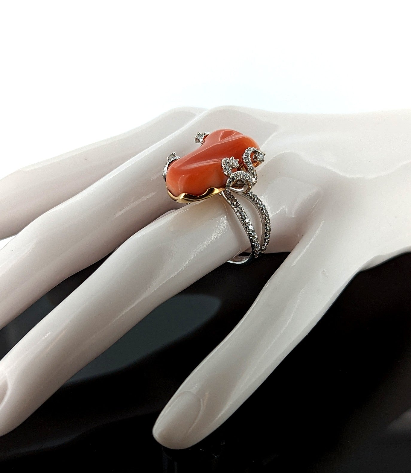 18K White Gold Natural Coral Ring with Diamond Accents