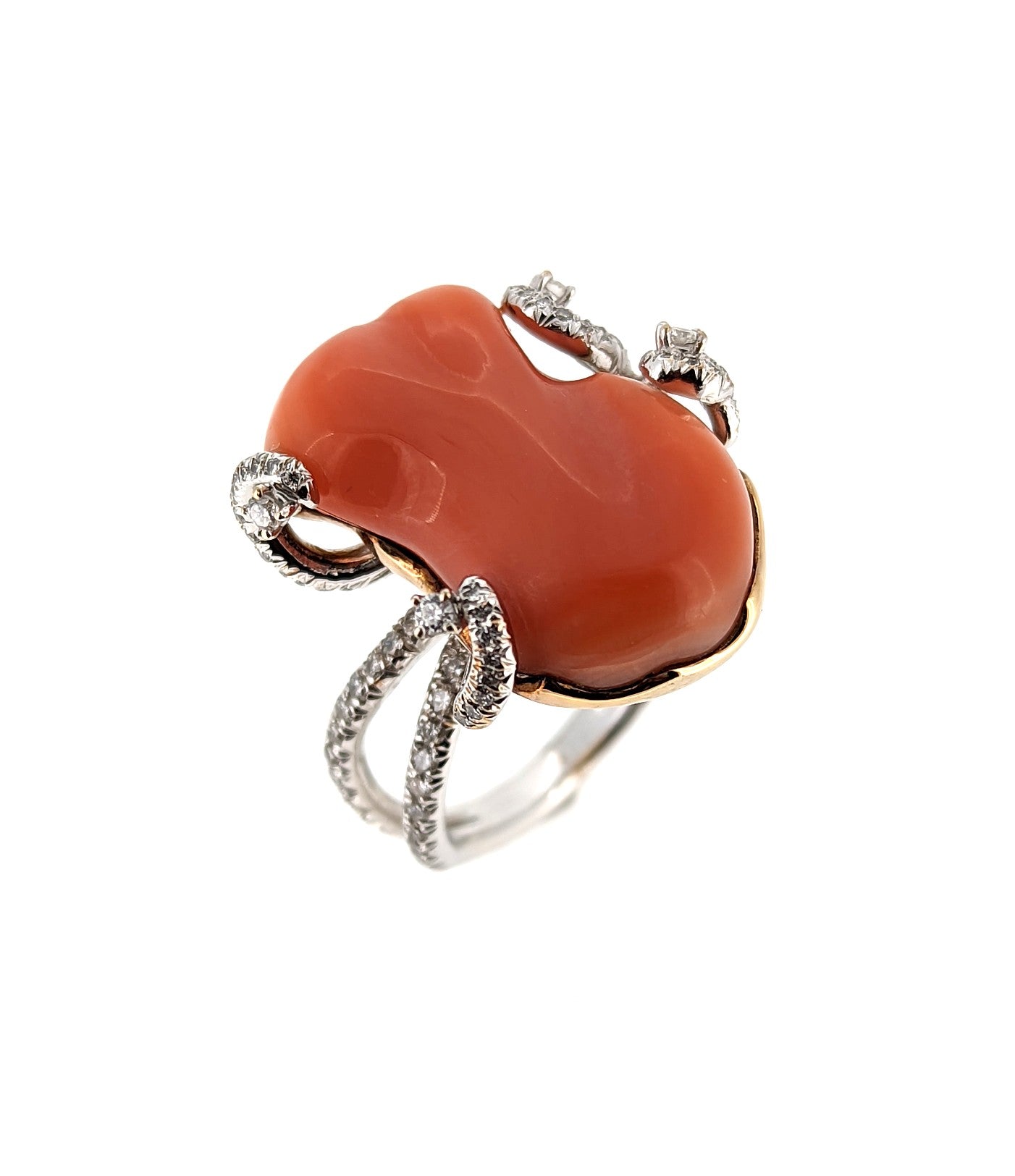 18K White Gold Natural Coral Ring with Diamond Accents