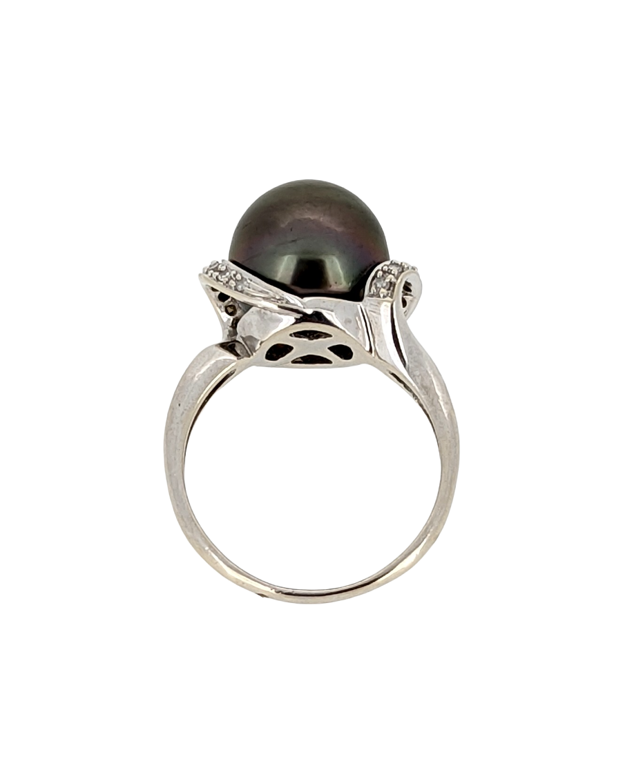 14K White Gold Black Tahitian Pearl Diamond Ring