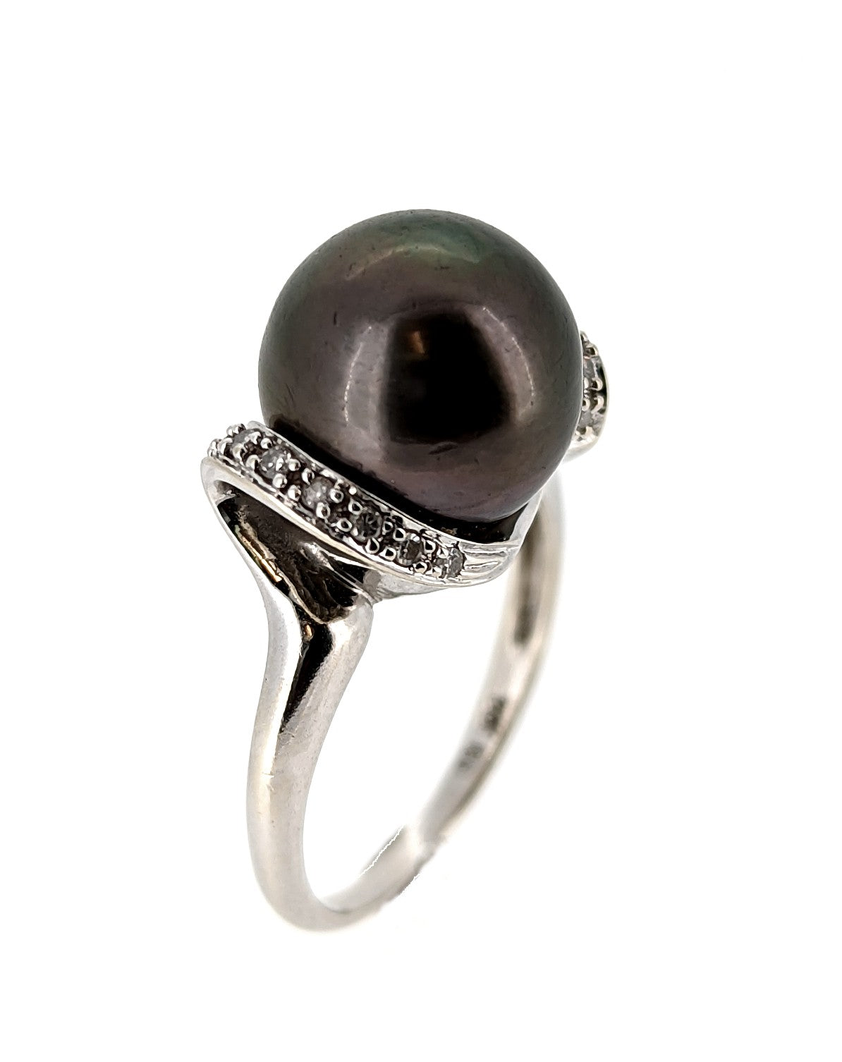 14K White Gold Black Tahitian Pearl Diamond Ring
